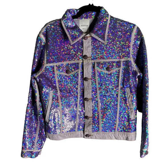 Ashish Sequin Embellished Denim Jacket Purple Size S - Picture 5 of 7